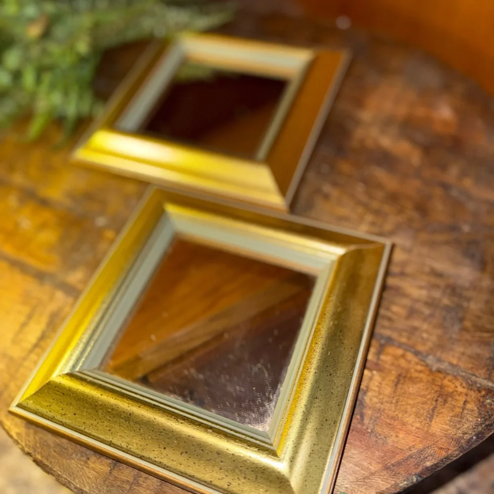 PAIR OF VINTAGE GOLD SQUARE FRAMED ACCENT MIRRORS WOOD 6 INCH WALL MOUNTED